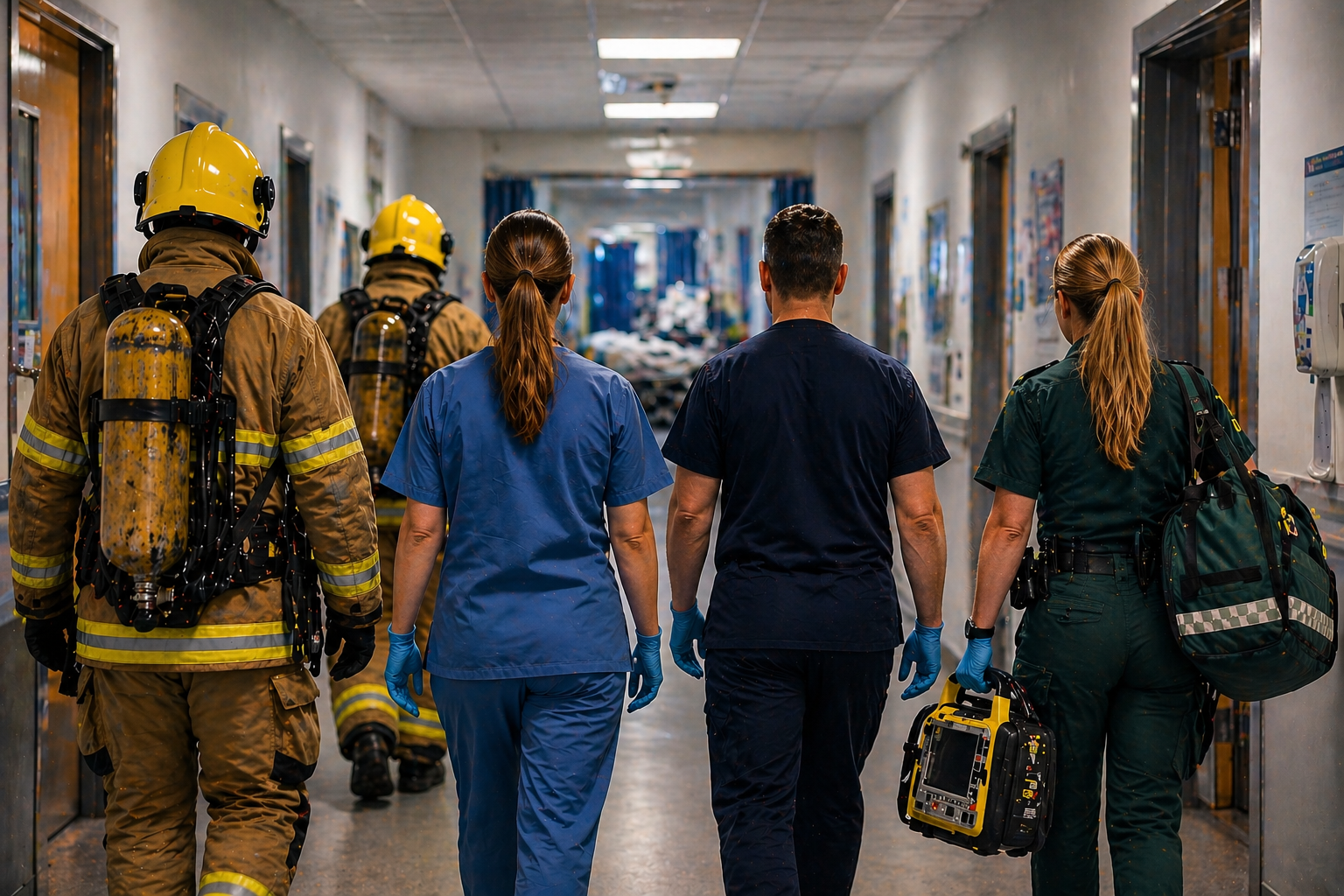 Emergency professionals walking through a hospital corridor